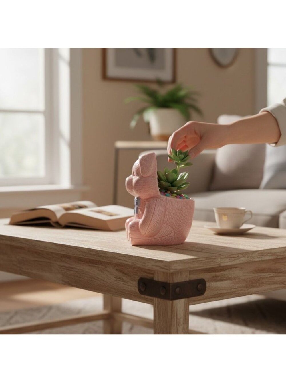 Vintage Napco Pink Ceramic Pig Planter With Blue Bow